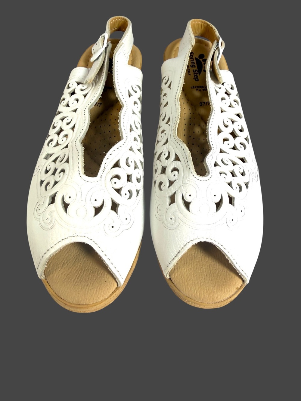 Spring Step White Laser-Cut Peep-Toe Slingback Sandals